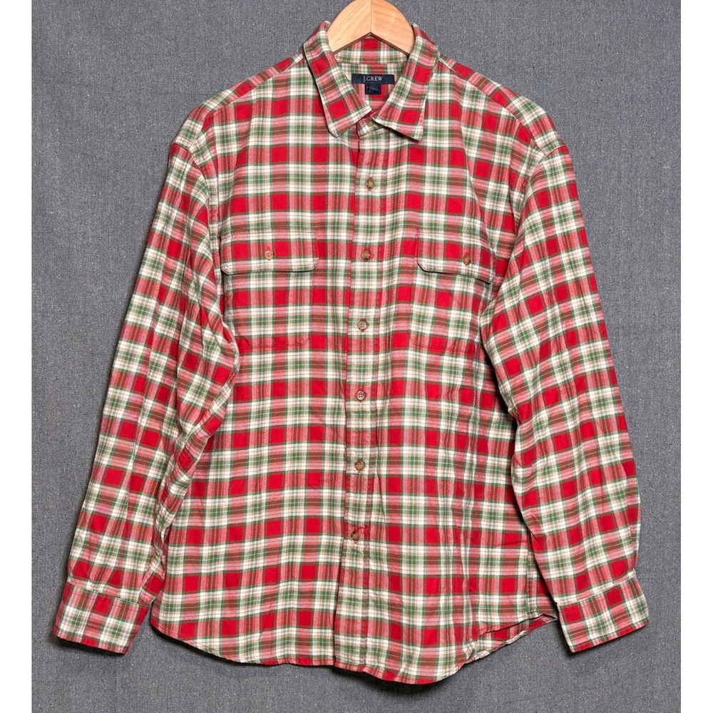 J.Crew Mens Large Plaid Flannel Button Down Shirt Red Green Cotton L Long Sleeve
